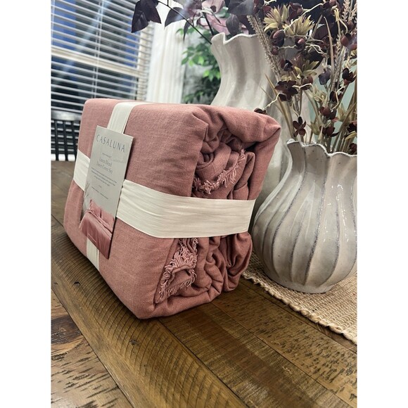 King Heavyweight Linen Blend Duvet & Sham Set Rose - Casaluna NEW - Picture 3 of 9